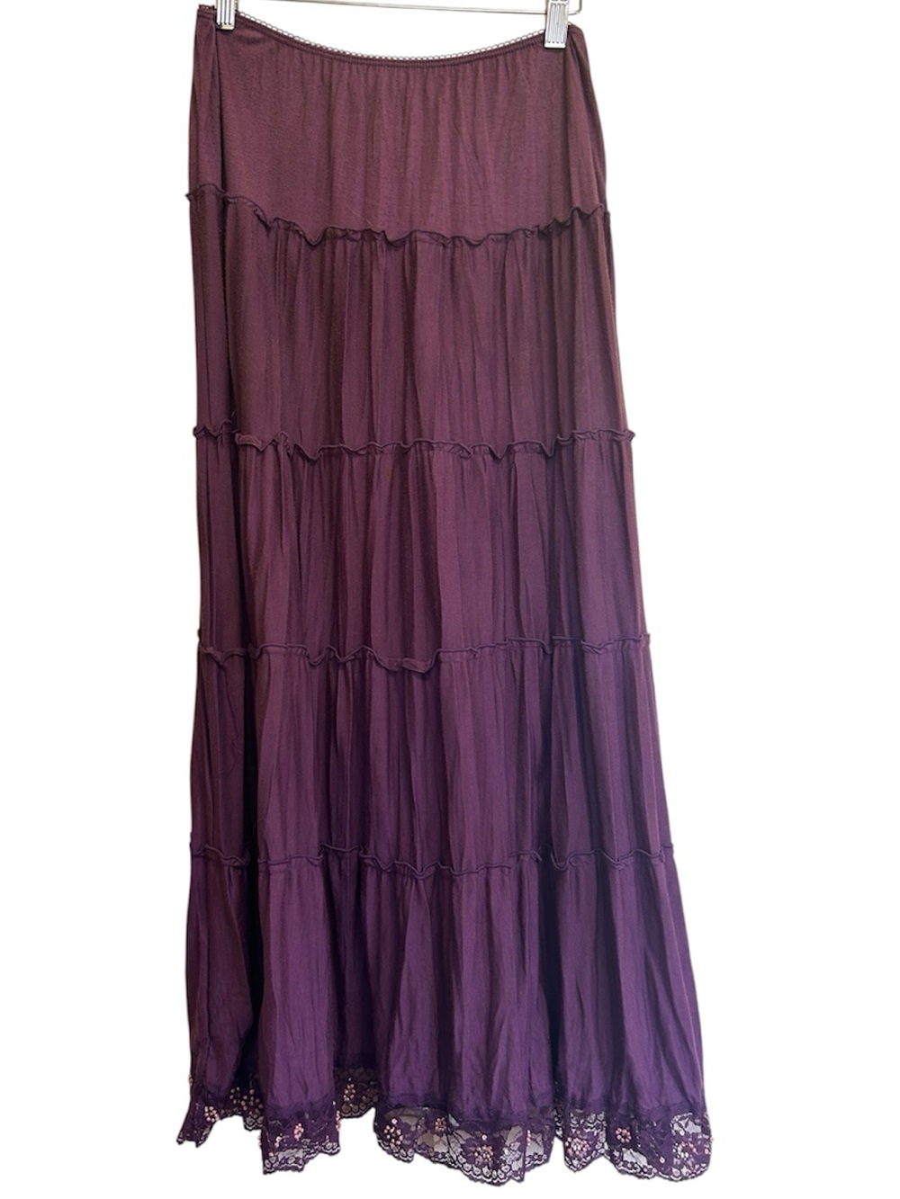 Vintage Y2K Method Purple Tiered Boho Maxi Skirt Lace Beaded Hem Size S USA